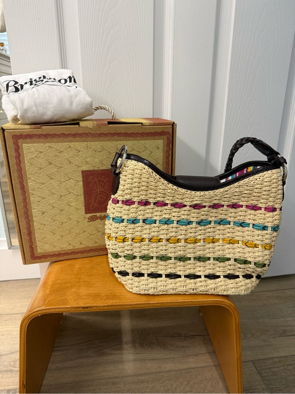 Brighton Straw Hobo Bag with Multicolor Stripes and Black Trim